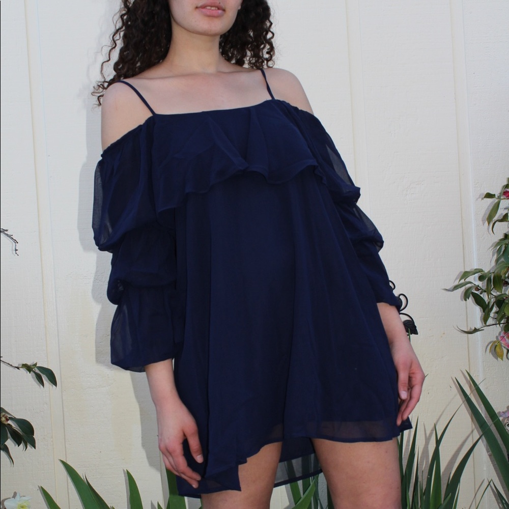 Urban Outfitters Blue Off Shoulder Ruffle Dress